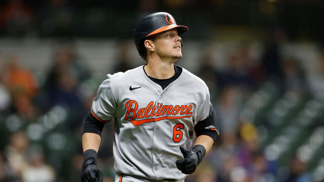 MILWAUKEE, WISCONSIN - MAY 20: Ryan Mountcastle #6 of the Baltimore Orioles runs toward first base after the swing during the game against the Milwaukee Brewers at American Family Field on May 20, 2025 in Milwaukee, Wisconsin.