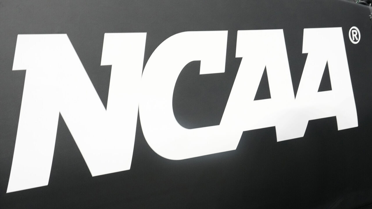 SAN FRANCISCO, CA - MARCH 29: The NCAA logo shown on the basket pad before the NCAA Men's Basketball Tournament Elite 8 game between the Texas Tech Red Raiders and the Florida Gators at the Chase Center on March 29, 2025 in San Francisco, California.
