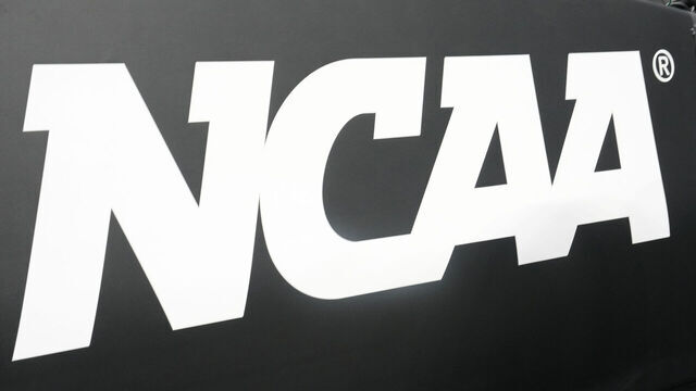SAN FRANCISCO, CA - MARCH 29: The NCAA logo shown on the basket pad before the NCAA Men's Basketball Tournament Elite 8 game between the Texas Tech Red Raiders and the Florida Gators at the Chase Center on March 29, 2025 in San Francisco, California.