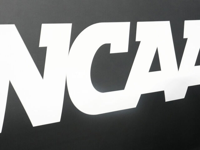 SAN FRANCISCO, CA - MARCH 29: The NCAA logo shown on the basket pad before the NCAA Men's Basketball Tournament Elite 8 game between the Texas Tech Red Raiders and the Florida Gators at the Chase Center on March 29, 2025 in San Francisco, California.