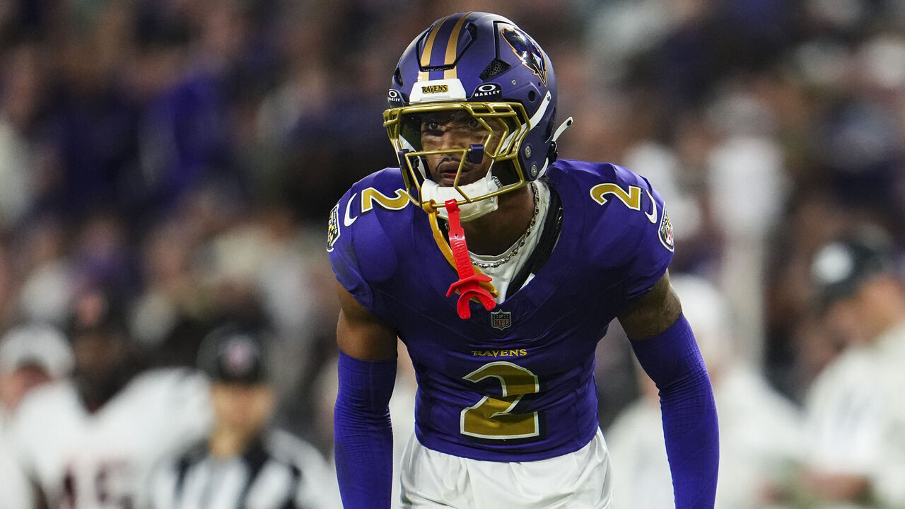 BALTIMORE, MD - NOVEMBER 07: Nate Wiggins #2 of the Baltimore Ravens lines up before the snap during an NFL football game against the Cincinnati Bengals at M&T Bank Stadium on November 7, 2024 in Baltimore, Maryland.
