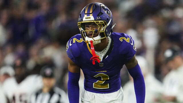 BALTIMORE, MD - NOVEMBER 07: Nate Wiggins #2 of the Baltimore Ravens lines up before the snap during an NFL football game against the Cincinnati Bengals at M&T Bank Stadium on November 7, 2024 in Baltimore, Maryland.