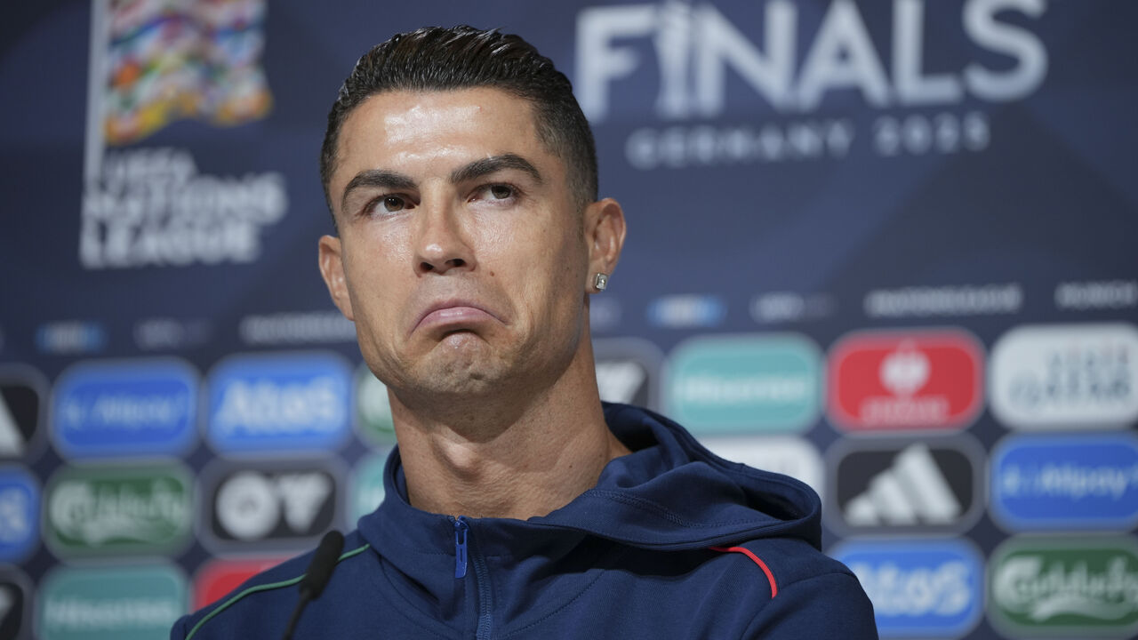 MUNICH, GERMANY - JUNE 07: Cristiano Ronaldo of Portugal speaks to the media during a Portugal Press Conference ahead of the UEFA Nations League 2025 Final between Portugal and Spain at Munich Football Arena on June 07, 2025 in Munich, Germany.