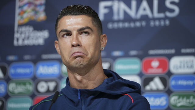 MUNICH, GERMANY - JUNE 07: Cristiano Ronaldo of Portugal speaks to the media during a Portugal Press Conference ahead of the UEFA Nations League 2025 Final between Portugal and Spain at Munich Football Arena on June 07, 2025 in Munich, Germany.