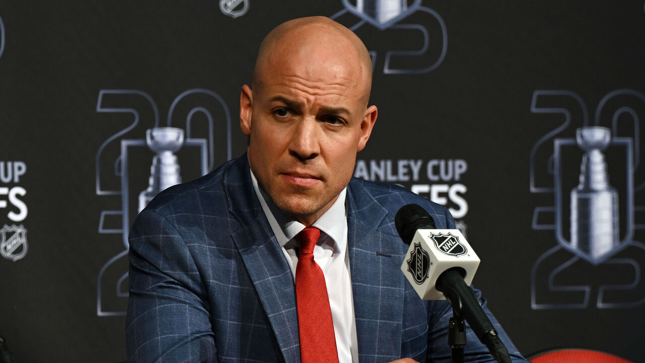RALEIGH, NC - MAY 10: Washington Capitals head coach Spencer Carbery participates in a press conference after game three of the Eastern Conference Second Round of the NHL Stanley Cup Playoffs between the Washington Capitals and the Carolina Hurricanes on May 10, 2025 at Lenovo Center in Raleigh, North Carolina.