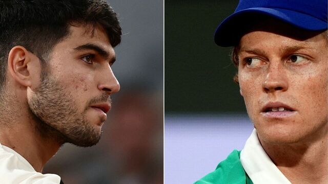(COMBO) This combination of pictures created on June 7, 2025 shows (L) Spain's Carlos Alcaraz reacting to a point against as he plays against Italy's Lorenzo Musetti during their men's singles semi-final match on day 13 of the French Open tennis tournament on Court Philippe-Chatrier at the Roland-Garros Complex in Paris on June 6, 2025 and Italy's Jannik Sinner looking on during his men's singles semi-final match against Serbia's Novak Djokovic on day 13 of the French Open tennis tournament on Court Philippe-Chatrier at the Roland-Garros Complex in Paris on June 6, 2025. Spain's Carlos Alcaraz and Italy's Jannik Sinner face off in the men's singles final of the French Open tennis tournament, on Court Philippe-Chatrier, at the Roland-Garros Complex in Paris on June 8, 2025.