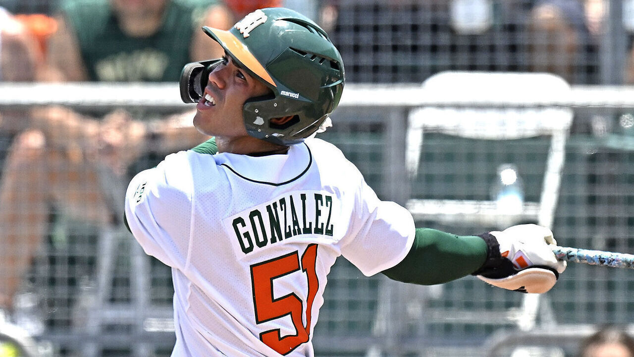 CORAL GABLES, FL - MAY 17: Miami infielder/outfielder Renzo Gonzalez (51) bats in the second inning as the Miami Hurricanes faced the Notre Dame Fighting Irish on May 17, 2025, at Mark Light Field at Alex Rodriguez Park in Coral Gables, Florida.