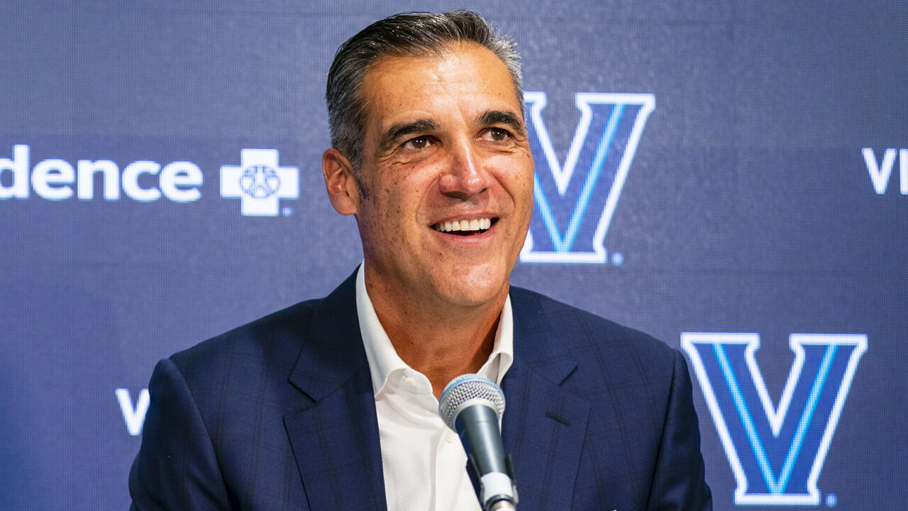 VILLANOVA, PA - FEBRUARY 8: Jalen Brunson and Jay Wright, former Head Coach of Villanova Mens Basketball talk to the media after his jersey retirement on February 8, 2023 at Finneran Pavilion in Villanova, Pennsylvania. NOTE TO USER: User expressly acknowledges and agrees that, by downloading and/or using this Photograph, user is consenting to the terms and conditions of the Getty Images License Agreement. Mandatory Copyright Notice: Copyright 2023 NBAE