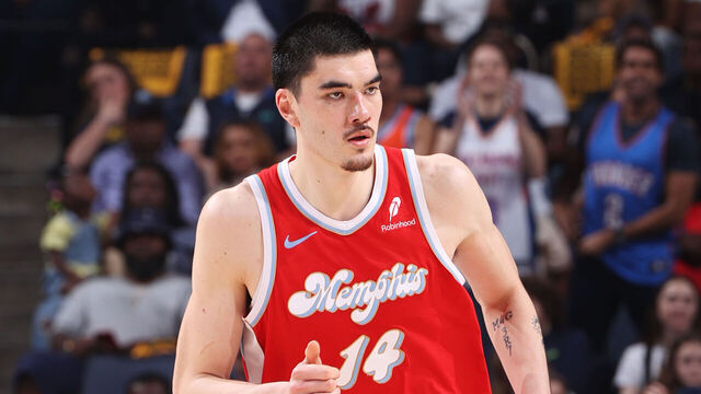 MEMPHIS, TN - APRIL 26: Zach Edey #14 of the Memphis Grizzlies looks on during the game against the Oklahoma City Thunder during Round 1 Game 4 of the 2025 NBA Playoffs on April 26, 2025 at FedExForum in Memphis, Tennessee. Mandatory Copyright Notice: Copyright 2025 NBAE