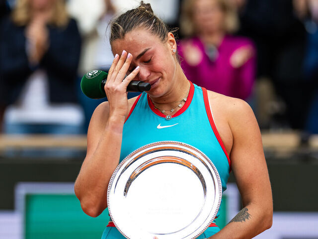 PARIS, FRANCE - JUNE 07: Aryna Sabalenka during the trophy ceremony after losing to Coco Gauff of the United States in the womens singles final on Day Fourteen of the French Open at Roland Garros on June 07, 2025 in Paris, France