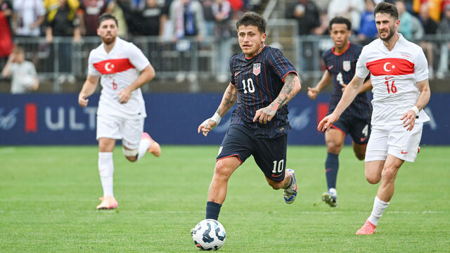 EAST HARTFORD, CONNECTICUT - JUNE 07: Diego Luna #10 of United States runs with the ball against Türkiye during the second half of an International Friendly match at Pratt & Whitney Stadium on June 07, 2025 in East Hartford, Connecticut.