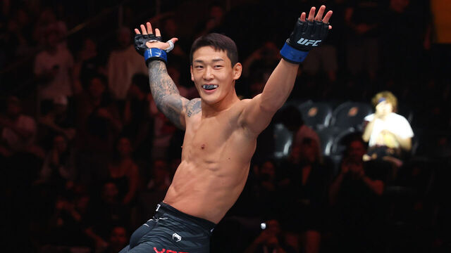 NEWARK, NEW JERSEY - JUNE 07: JooSang Yoo of South Korea reacts after a knockout victory against Jeka Saragih of Indonesia in a featherweight bout during the UFC 316 event at Prudential Center on June 07, 2025 in Newark, New Jersey.