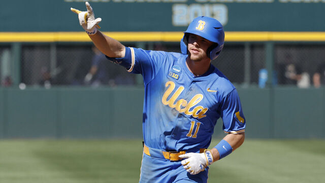 Los Angeles, CA - May 30: UCLA outfielder Payton Brennan (11) celebrates a home run at the NCAA baseball regional tournament game between UCLA and Fresno State at Jackie Robinson Stadium on Friday, May 30, 2025 in Los Angeles, CA. (Carlin Stiehl / Los Angeles Times via Getty Images)