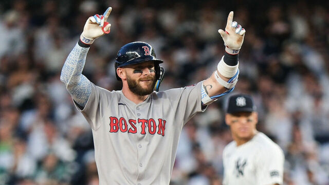 NEW YORK, NY - JUNE 07: Trevor Story #10 of the Boston Red Sox celebrates on second base during the game between the Boston Red Sox and the New York Yankees at Yankee Stadium on Saturday, June 7, 2025 in New York, New York.