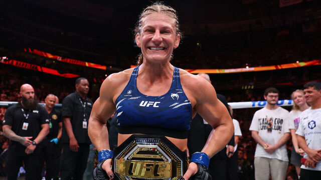 NEWARK, NEW JERSEY - JUNE 07: Kayla Harrison celebrates after defeating Julianna Pena in the UFC women's bantamweight championship bout during the UFC 316 event at Prudential Center on June 07, 2025 in Newark, New Jersey.