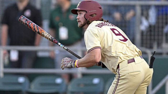 CORAL GABLES, FL - MARCH 22: FSU outfielder Gage Harrelson (9) runs to first base in the first inning as the Miami Hurricanes faced the Florida State Seminoles on March 22, 2025, at Mark Light Field at Alex Rodriguez Park in Coral Gables, Florida.