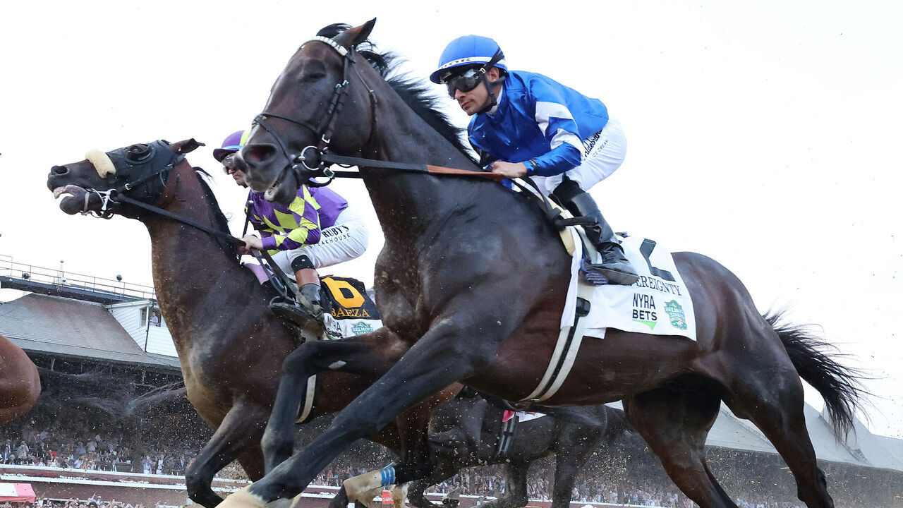 SARATOGA SPRINGS, NEW YORK - JUNE 07: Sovereignty with Junior Alvarado up, heads into the first turn and then wins the 157th running of the Belmont Stakes at Saratoga Race Course on June 07, 2025 in Saratoga Springs, New York.