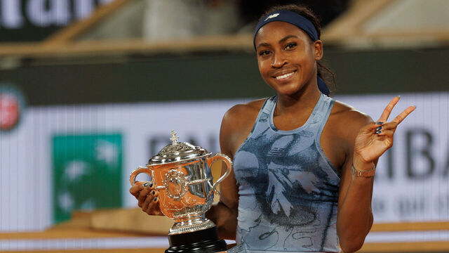 Paris, France - June 7: Coco Gauff of United States with the Coupe Suzanne Lenglen trophy after her victory over Aryna Sabalenka in the Women's Singles Final match on Day Fourteen of the 2025 French Open at Roland Garros on June 07, 2025 in Paris, France.