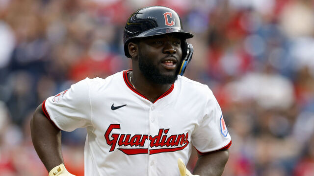 CLEVELAND, OH - JUNE 07: Jhonkensy Noel #43 of the Cleveland Guardians runs to first base during the game between the Houston Astros and the Cleveland Guardians at Progressive Field on Saturday, June 7, 2025 in Cleveland, Ohio.