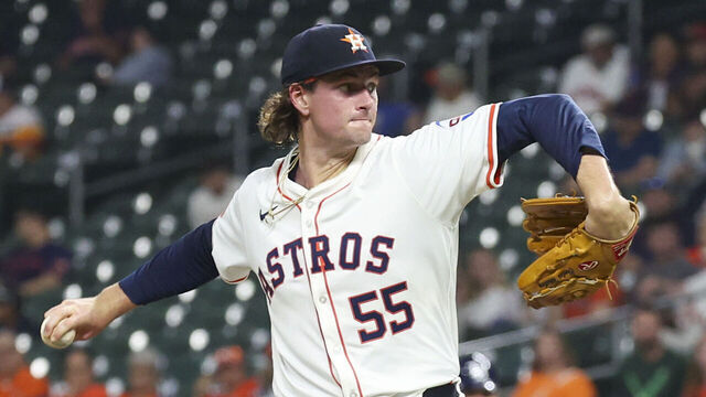 HOUSTON, TX - MAY 29: Houston Astros relief pitcher Forrest Whitley (55) throws a pitch in the top of the eighth inning during the MLB game between the Tampa Bay Rays and Houston Astros on May 29, 2025 at Daikin Park in Houston, Texas.