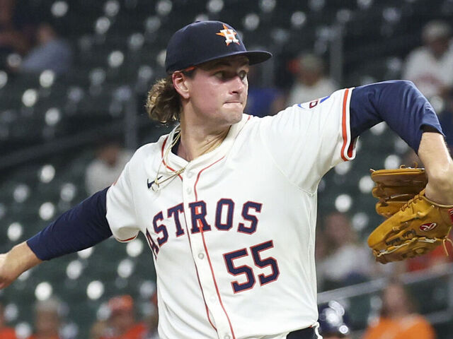 HOUSTON, TX - MAY 29: Houston Astros relief pitcher Forrest Whitley (55) throws a pitch in the top of the eighth inning during the MLB game between the Tampa Bay Rays and Houston Astros on May 29, 2025 at Daikin Park in Houston, Texas.