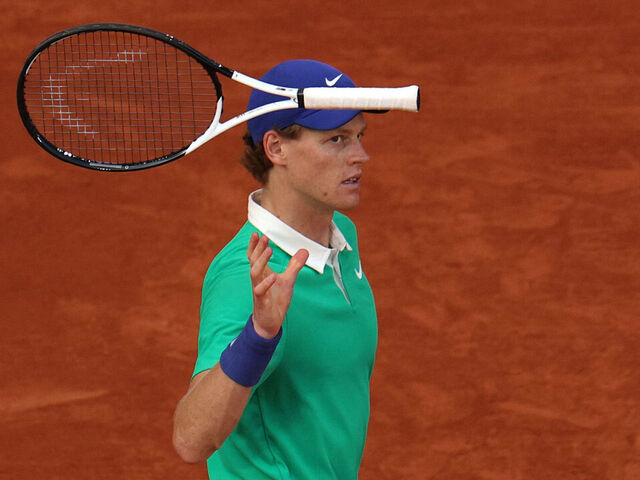 PARIS, FRANCE - JUNE 08: Jannik Sinner of Italy reacts as he drops his racquet in the fifth set against Carlos Alcaraz of Spain during the Men's Singles Final match on Day Fifteen of the 2025 French Open at Roland Garros on June 08, 2025 in Paris, France.