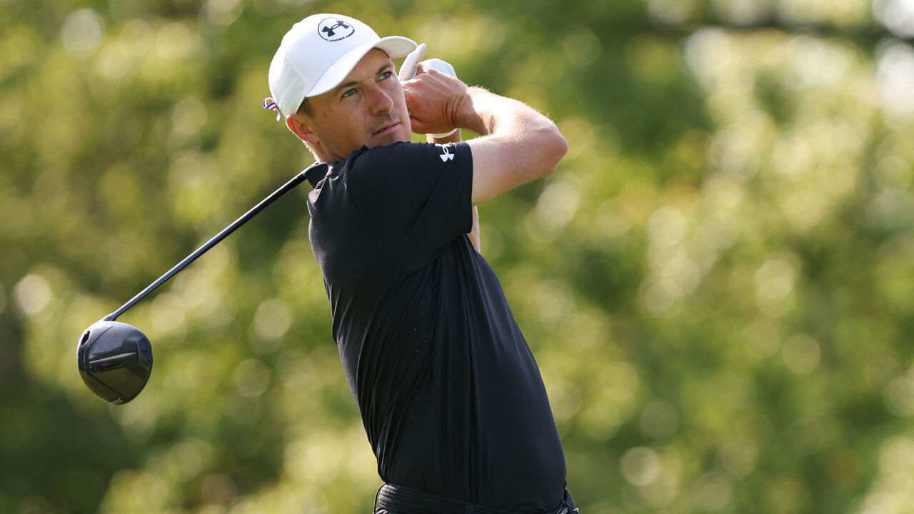 DUBLIN, OH - JUNE 01: Jordan Spieth of the United States watches his tee shot on the 18h hole during the final round of the Memorial Tournament presented by Workday at Muirfield Village Golf Club on June 1, 2025 in Dublin, OH.