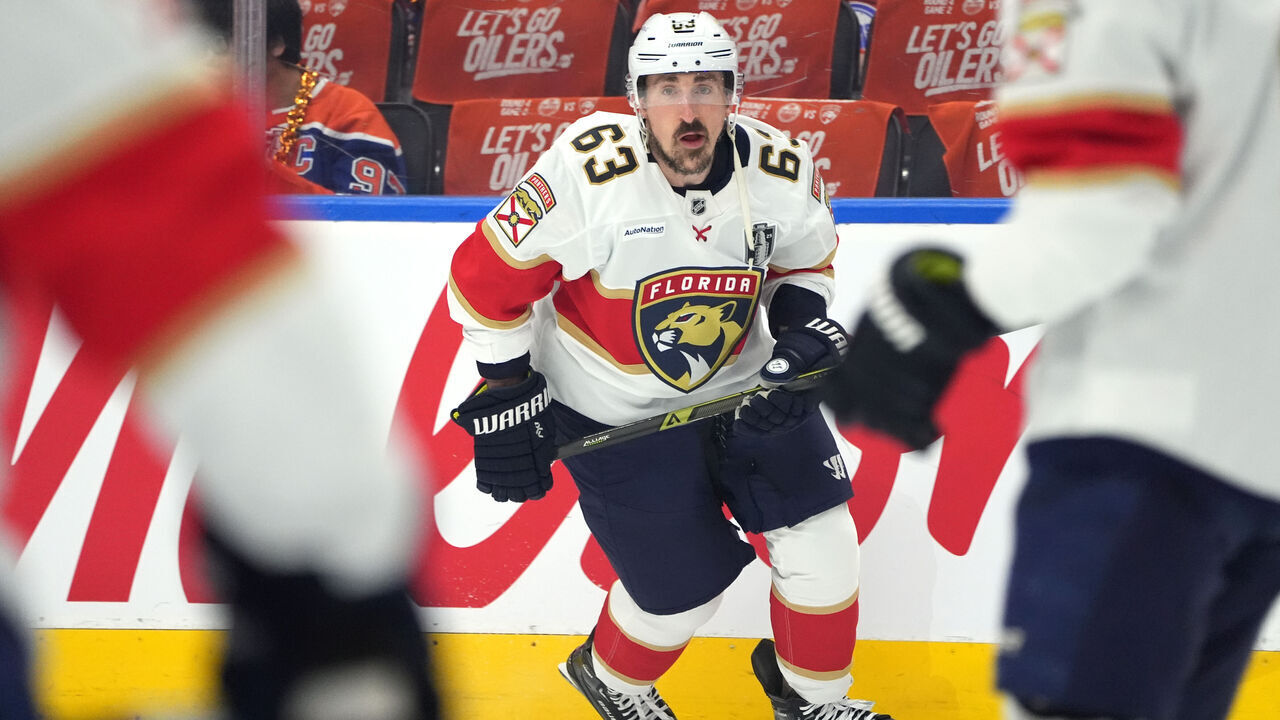 EDMONTON, ALBERTA - JUNE 06: Brad Marchand #63 of the Florida Panthers is seen warming up before Game Two of the 2025 Stanley Cup Final between the Florida Panthers and the Edmonton Oilers at Rogers Place on June 06, 2025 in Edmonton, Alberta.