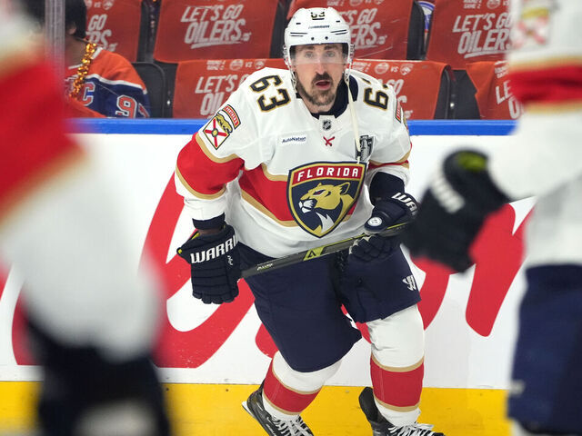 EDMONTON, ALBERTA - JUNE 06: Brad Marchand #63 of the Florida Panthers is seen warming up before Game Two of the 2025 Stanley Cup Final between the Florida Panthers and the Edmonton Oilers at Rogers Place on June 06, 2025 in Edmonton, Alberta.