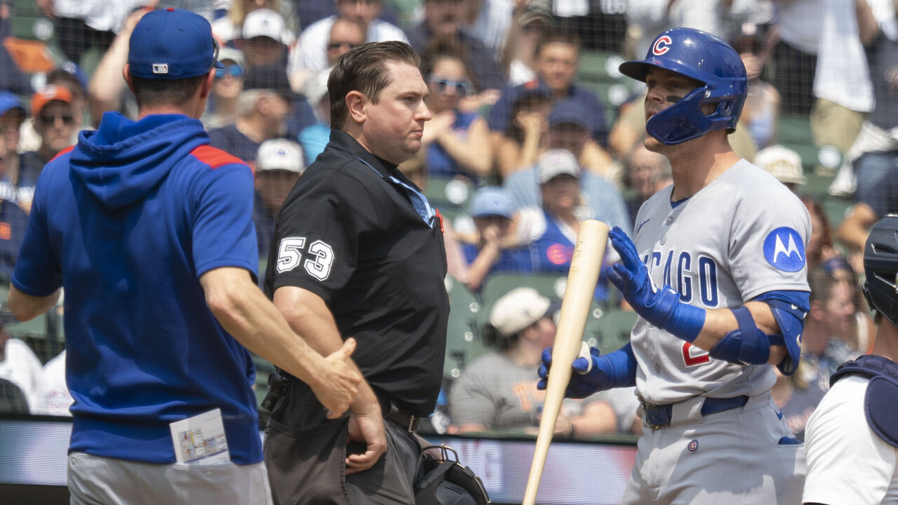 DETROIT, MI - JUNE 08: Chicago Cubs second base Nico Hoerner (2) gets ejected from the game by umpire Greg Gibson (53) during a regular season Major League Baseball game between the Chicago Cubs and the Detroit Tigers on June 08, 2025 at Comerica Park in Detroit, Michigan.