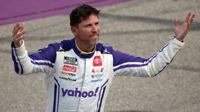 BROOKLYN, MICHIGAN - JUNE 08: Denny Hamlin, driver of the #11 Yahoo! Toyota, celebrates after winning the NASCAR Cup Series FireKeepers Casino 400 at Michigan International Speedway on June 08, 2025 in Brooklyn, Michigan.