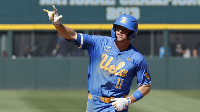Los Angeles, CA - May 30: UCLA outfielder Payton Brennan (11) celebrates a home run at the NCAA baseball regional tournament game between UCLA and Fresno State at Jackie Robinson Stadium on Friday, May 30, 2025 in Los Angeles, CA. (Carlin Stiehl / Los Angeles Times via Getty Images)