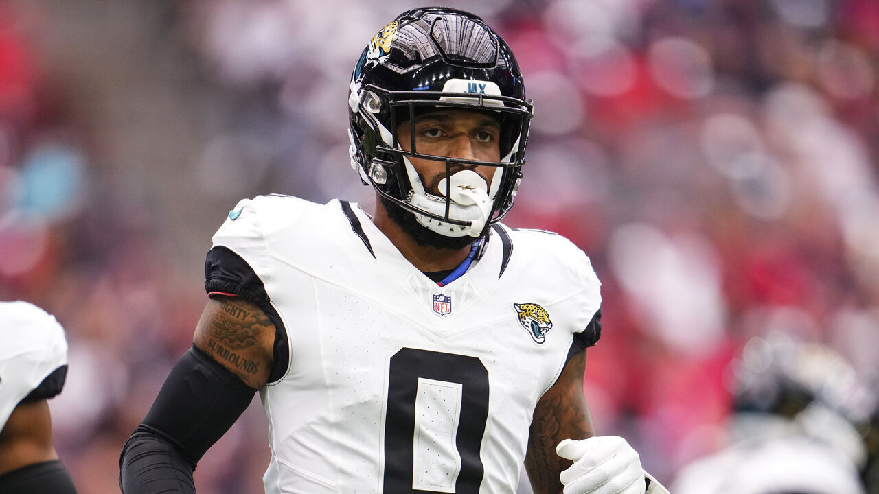 HOUSTON, TX - SEPTEMBER 29: Gabe Davis #0 of the Jacksonville Jaguars runs across the field during an NFL football game against the Houston Texans at NRG Stadium on September 29, 2024 in Houston, Texas.