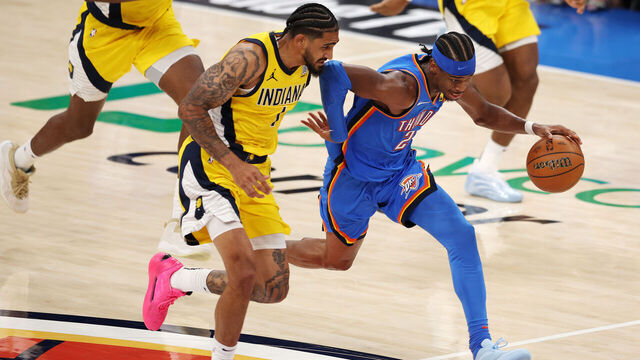 OKLAHOMA CITY, OKLAHOMA - JUNE 08: Shai Gilgeous-Alexander #2 of the Oklahoma City Thunder drives to the basket against Obi Toppin #1 of the Indiana Pacers during the third quarter in Game Two of the 2025 NBA Finals at Paycom Center on June 08, 2025 in Oklahoma City, Oklahoma.