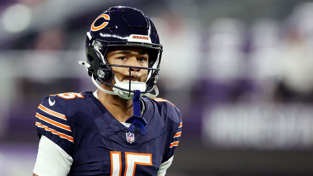 MINNEAPOLIS, MINNESOTA - DECEMBER 16: Rome Odunze #15 of the Chicago Bears looks on prior to a game against the Minnesota Vikings at U.S. Bank Stadium on December 16, 2024 in Minneapolis, Minnesota.