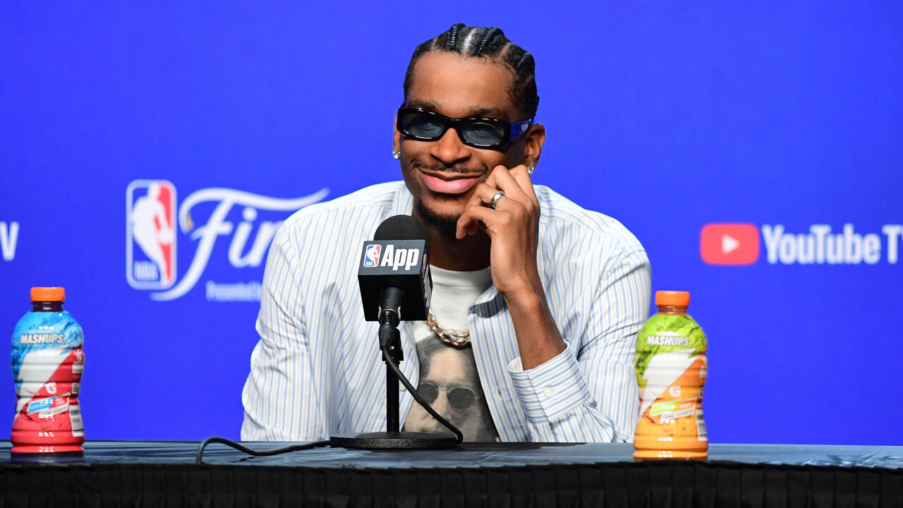 OKLAHOMA CITY, OK - JUNE 8: Shai Gilgeous-Alexander #2 of the Oklahoma City Thunder speaks at a press conference after the game against the Indiana Pacers during Game Two of the 2025 NBA Finals on June 8, 2025 at Paycom Center in Oklahoma City, Oklahoma. Mandatory Copyright Notice: Copyright 2025 NBAE