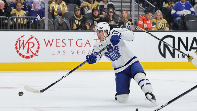 LAS VEGAS, NEVADA - MARCH 05: Mitch Marner #16 of the Toronto Maple Leafs takes a shot against the Vegas Golden Knights in the third period of their game at T-Mobile Arena on March 05, 2025 in Las Vegas, Nevada. The Golden Knights defeated the Maple Leafs 5-2.