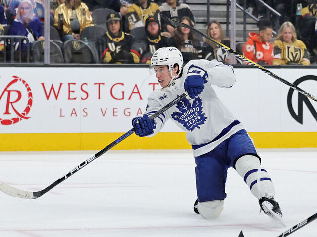 LAS VEGAS, NEVADA - MARCH 05: Mitch Marner #16 of the Toronto Maple Leafs takes a shot against the Vegas Golden Knights in the third period of their game at T-Mobile Arena on March 05, 2025 in Las Vegas, Nevada. The Golden Knights defeated the Maple Leafs 5-2.