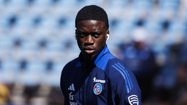 STRASBOURG, FRANCE - MAY 3: Mamadou Sarr of Strasbourg looks on during the France Ligue 1 match between RC Strasbourg Alsace and Paris Saint-Germain FC at Stade de la Meinau on May 3, 2025 in Strasbourg, France.