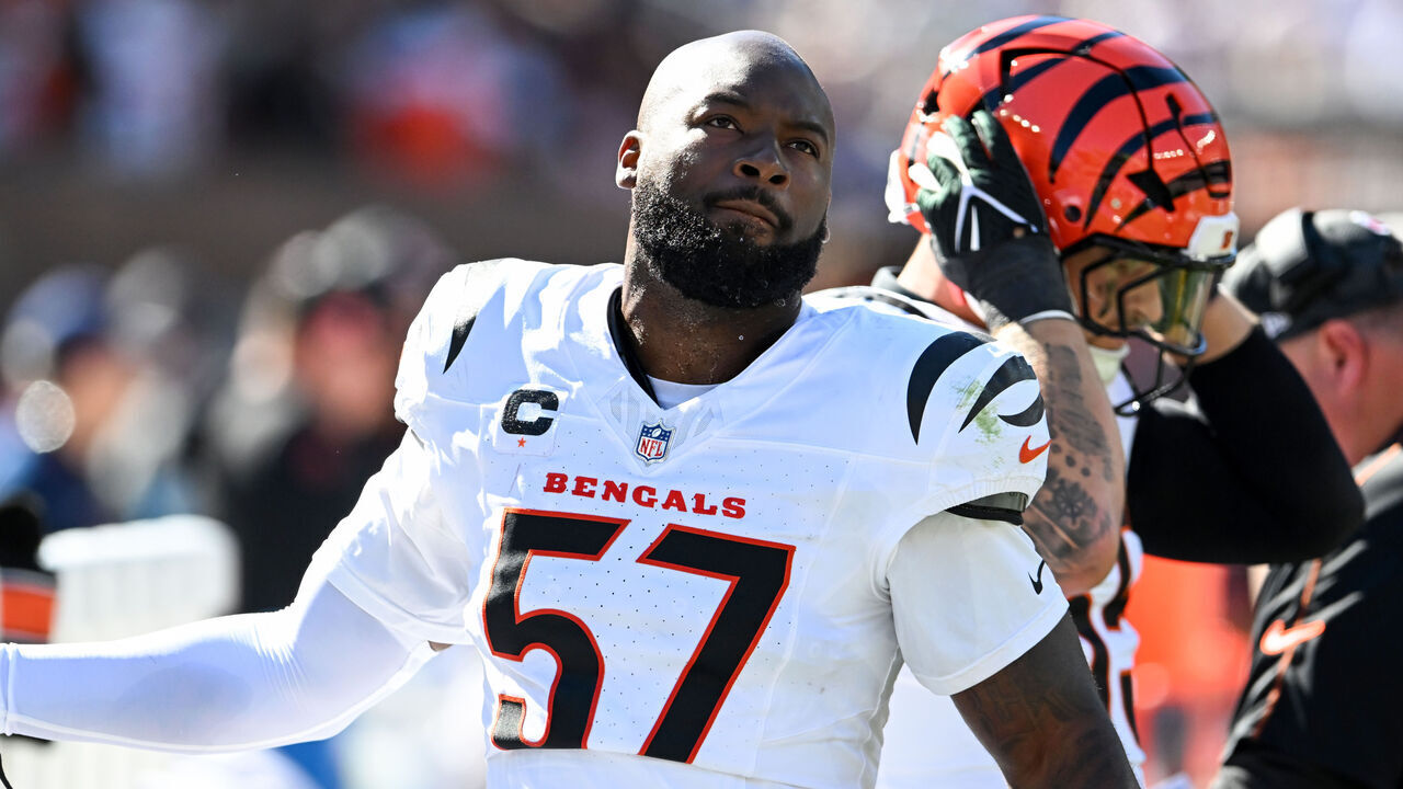 CLEVELAND, OHIO - OCTOBER 20: Germaine Pratt #57 of the Cincinnati Bengals looks on during the second quarter against the Cleveland Browns at Huntington Bank Field on October 20, 2024 in Cleveland, Ohio.