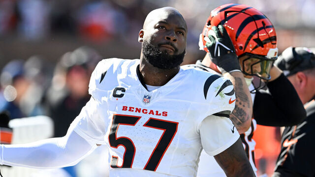 CLEVELAND, OHIO - OCTOBER 20: Germaine Pratt #57 of the Cincinnati Bengals looks on during the second quarter against the Cleveland Browns at Huntington Bank Field on October 20, 2024 in Cleveland, Ohio.