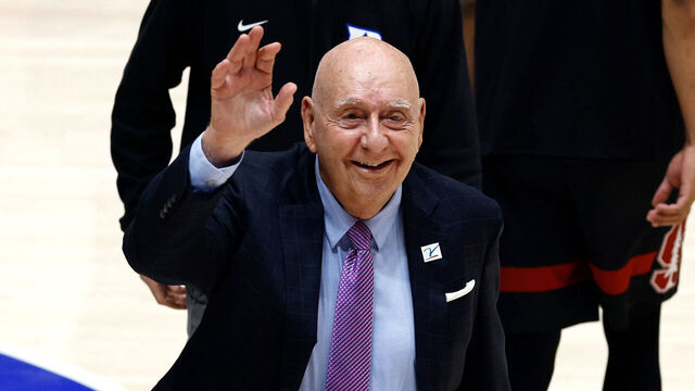 DURHAM, NORTH CAROLINA - FEBRUARY 15: ESPN college basketball analyst Dick Vitale walks toward the Duke student section prior to the game between the Stanford Cardinal and the Duke Blue Devils at Cameron Indoor Stadium on February 15, 2025 in Durham, North Carolina.
