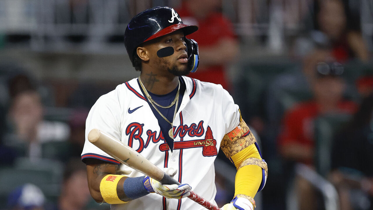 ATLANTA, GEORGIA - JUNE 4: Ronald Acuna Jr. #13 of the Atlanta Braves looks on between pitches in the sixth inning during a game against the Arizona Diamondbacks at Truist Park on June 4, 2025 in Atlanta, Georgia.