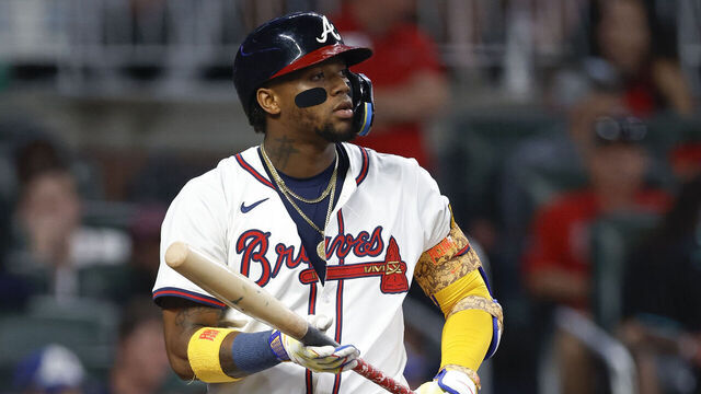 ATLANTA, GEORGIA - JUNE 4: Ronald Acuna Jr. #13 of the Atlanta Braves looks on between pitches in the sixth inning during a game against the Arizona Diamondbacks at Truist Park on June 4, 2025 in Atlanta, Georgia.