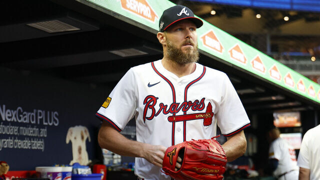 ATLANTA, GEORGIA - JUNE 4: Chris Sale #51 of the Atlanta Braves walks out of the dugout to take the field in the first inning during a game against the Arizona Diamondbacks at Truist Park on June 4, 2025 in Atlanta, Georgia.