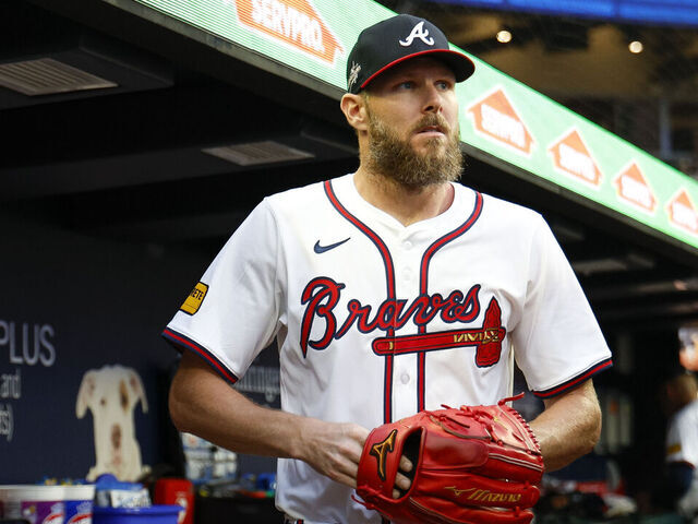 ATLANTA, GEORGIA - JUNE 4: Chris Sale #51 of the Atlanta Braves walks out of the dugout to take the field in the first inning during a game against the Arizona Diamondbacks at Truist Park on June 4, 2025 in Atlanta, Georgia.