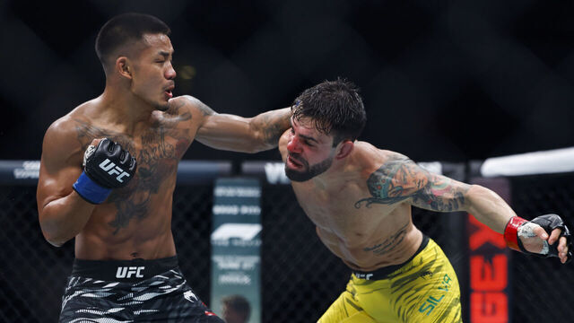 NEWARK, NEW JERSEY - JUNE 07: (L-R) Joshua Van of Myanmar punches Bruno Silva of Brazil in a flyweight bout during the UFC 316 event at Prudential Center on June 07, 2025 in Newark, New Jersey.