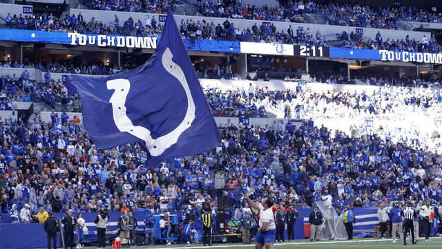 INDIANAPOLIS, INDIANA - OCTOBER 22: The Indianapolis Colts flag is seen after a touchdown in the game against the Cleveland Browns at Lucas Oil Stadium on October 22, 2023 in Indianapolis, Indiana.