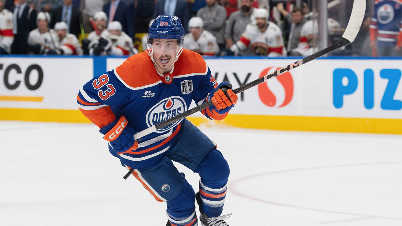 EDMONTON, CANADA - JUNE 06: Ryan Nugent-Hopkins #93 of the Edmonton Oilers in action against the Florida Panthers in Game Two of the 2025 Stanley Cup Final at Rogers Place on June 06, 2025 in Edmonton, Alberta, Canada.