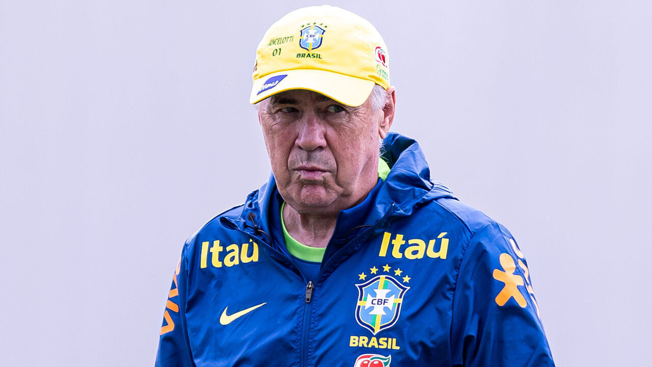 SAO PAULO, BRAZIL - JUNE 8: Head Coach of Brazil Carlo Ancelotti looks on during a training session on June 8, 2025 in Sao Paulo, Brazil.